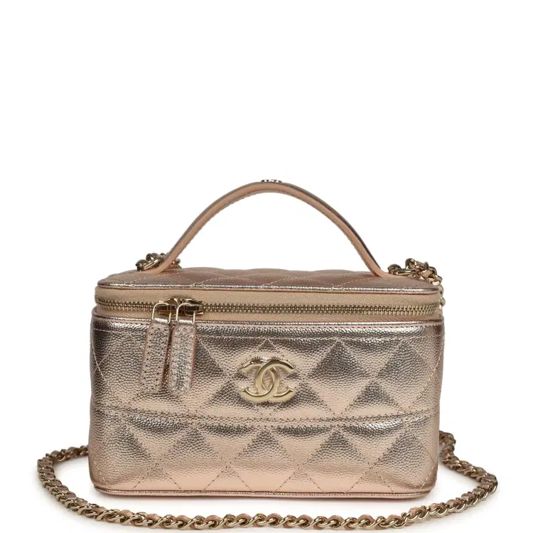 Chanel Small Top Handle Vanity Case With Chain Metallic Copper Shiny Caviar Light Gold Hardware-Hover-Image