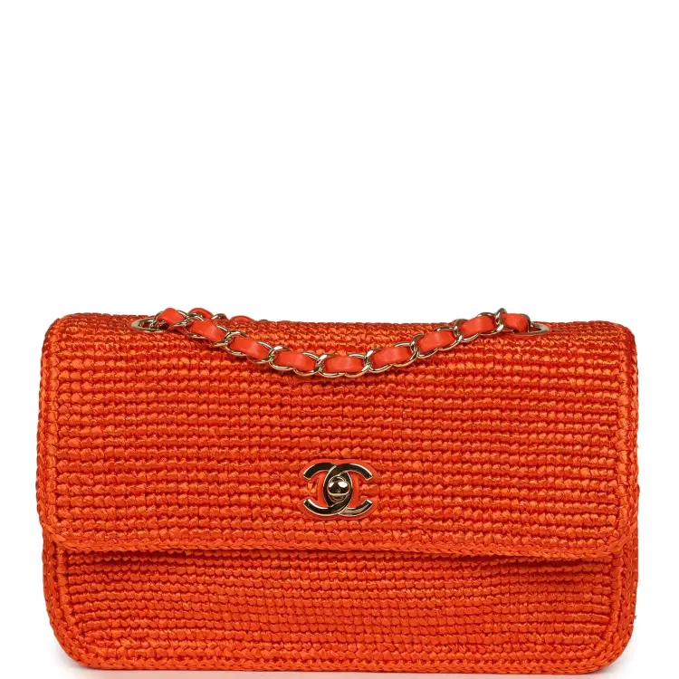 Chanel Small Coco Beach Flap Bag Orange Braided Raffia Gold Hardware-Hover-Image