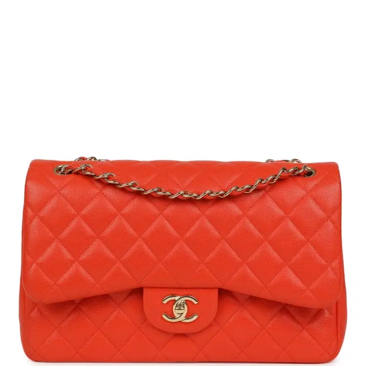 Pre-owned Chanel Jumbo Classic Double Flap Bag Dark Orange Shiny Caviar Light Gold Hardware-Hover-Image