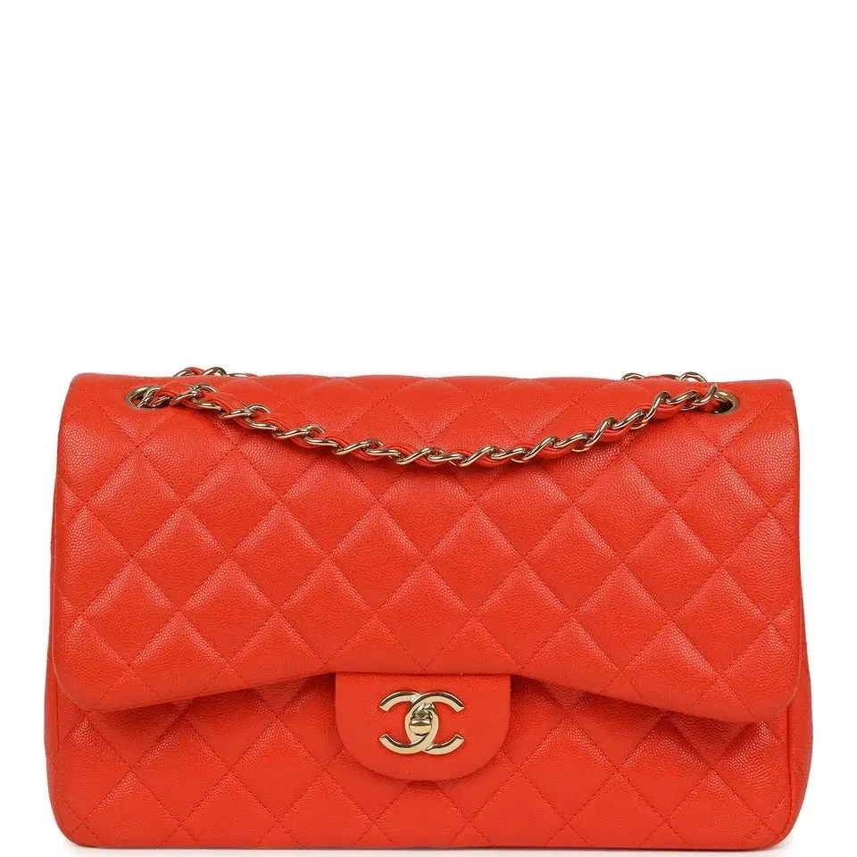 Pre-owned Chanel Jumbo Classic Double Flap Bag Dark Orange Shiny Caviar Light Gold Hardware