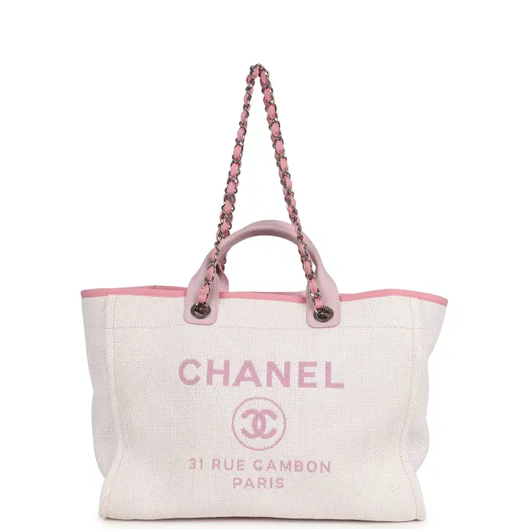 Pre-owned Chanel Medium Deauville Shopping Tote Light Pink Raffia and Canvas Silver Hardware-Hover-Image