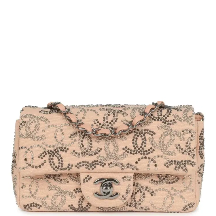 Pre-owned Chanel Mini CC Studded Rectangular Flap Bag Light Pink Canvas Ruthenium Hardware-Hover-Image