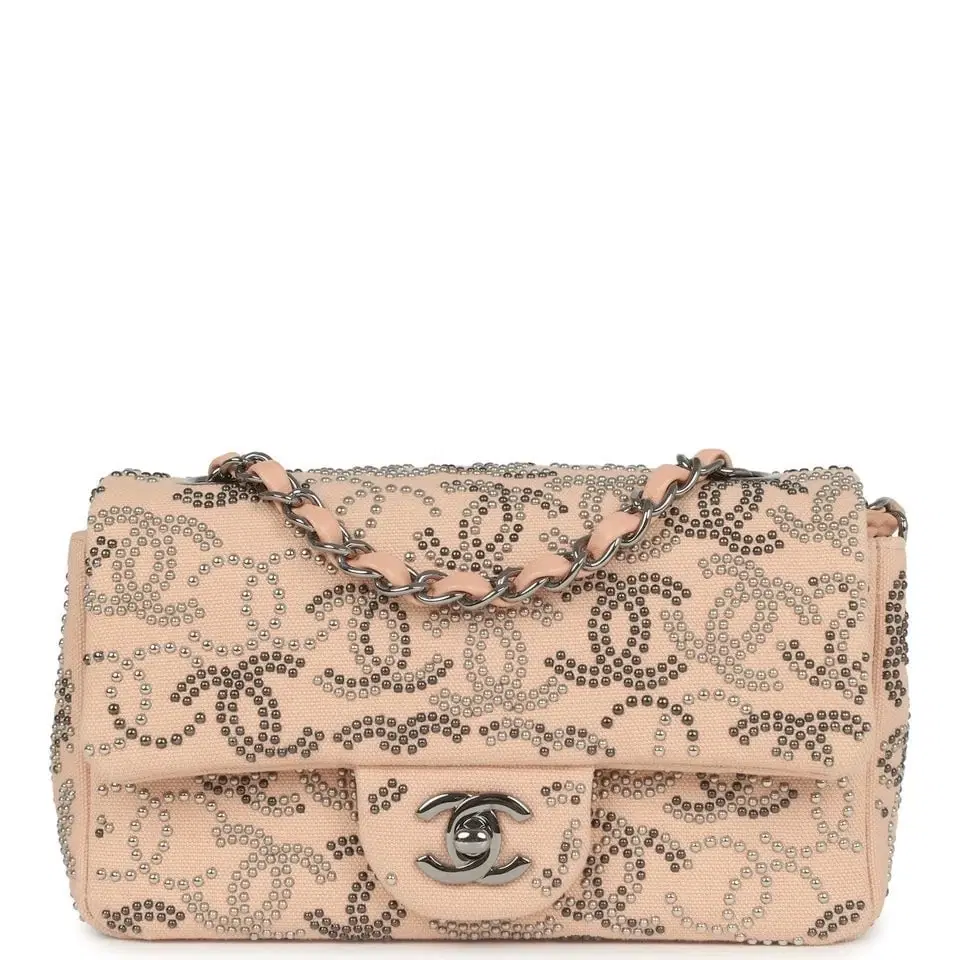 Pre-owned Chanel Mini CC Studded Rectangular Flap Bag Light Pink Canvas Ruthenium Hardware