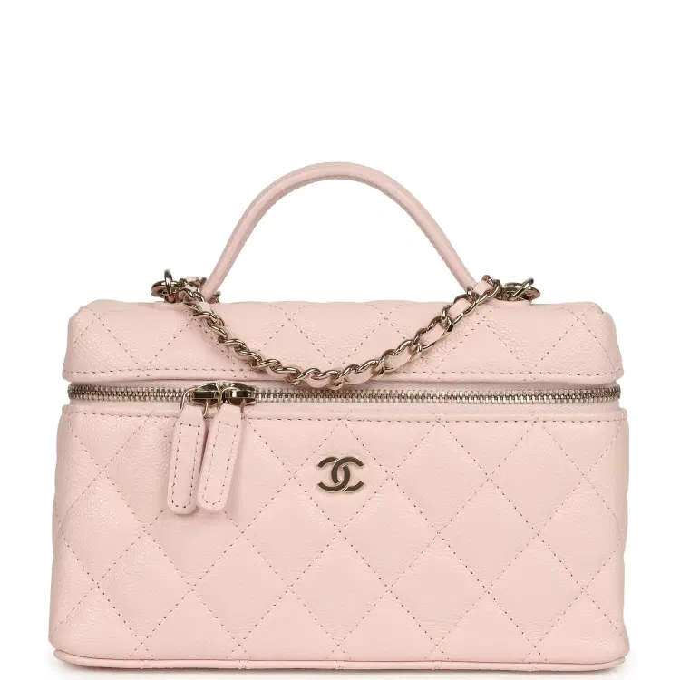 Chanel Top Handle Long Vanity Case with Chain Light Pink Shiny Caviar Light Gold Hardware-Hover-Image