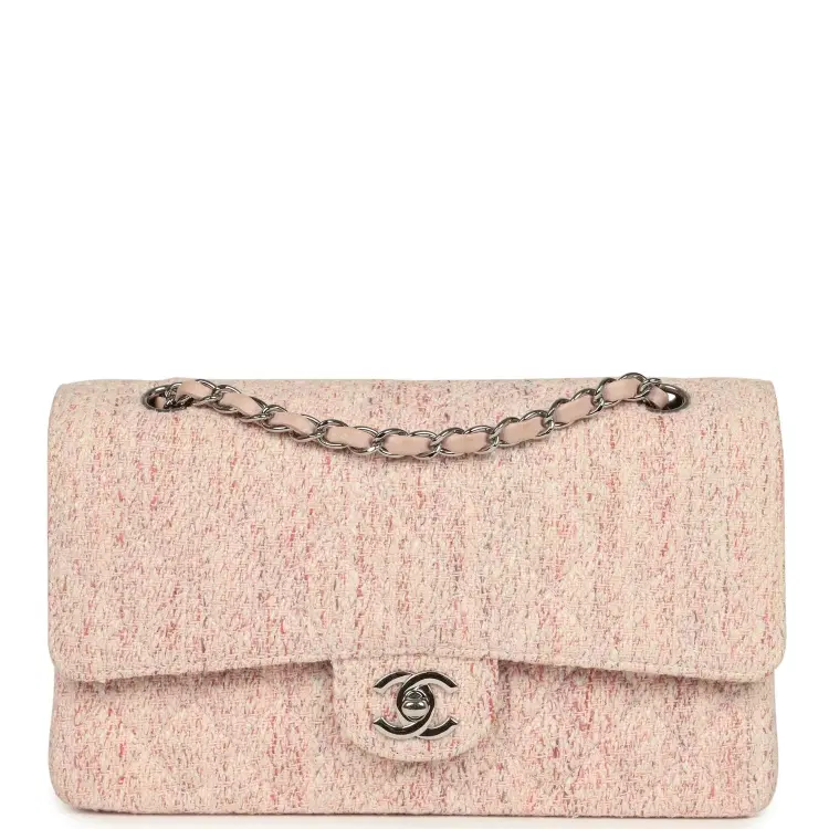 Vintage Chanel Medium Classic Double Flap Bag Light Pink and White Tweed Silver Hardware-Hover-Image
