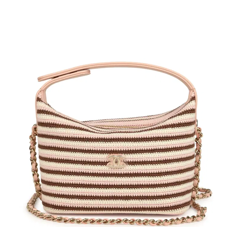 Chanel Mini Hobo Pouch with Chain Light Pink, Brown and White Crochet and Lambskin Light Gold Hardware-Hover-Image