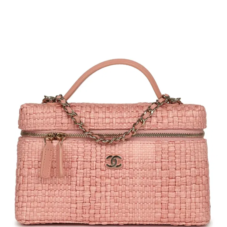 Chanel Top Handle Long Vanity Case with Chain Light Pink Braided Raffia Light Gold Hardware-Hover-Image