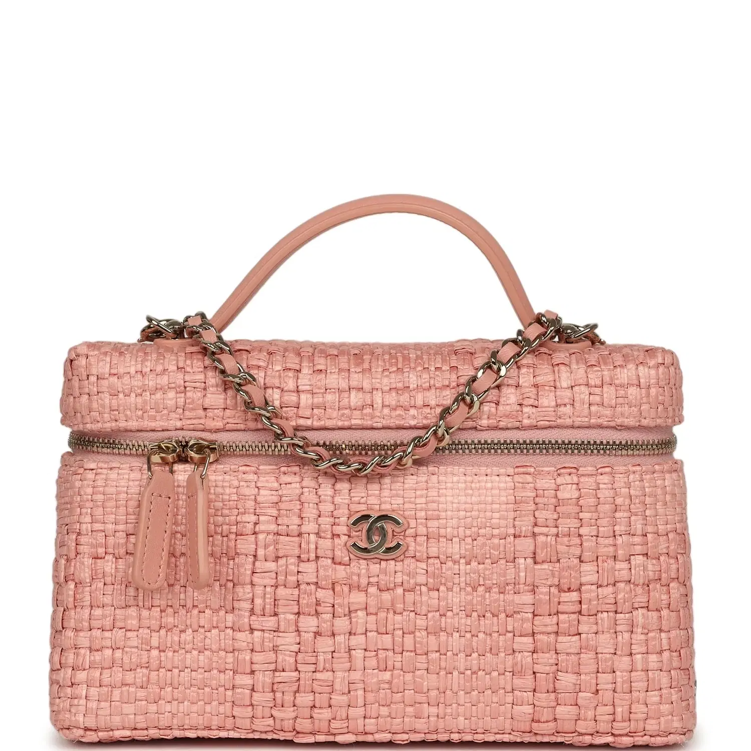 Chanel Top Handle Long Vanity Case with Chain Light Pink Braided Raffia Light Gold Hardware