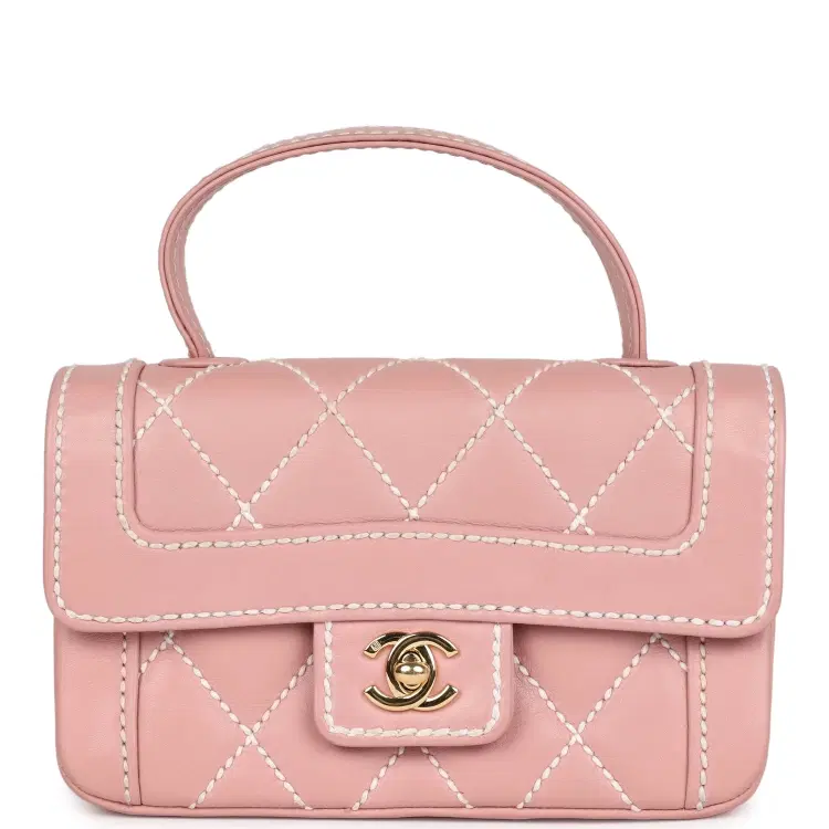 Vintage Chanel Mini Wild Stitch Surpique Top Handle Flap Bag Pink Calfskin Gold Hardware-Hover-Image