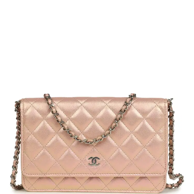 Pre-owned Chanel Classic Wallet On Chain Pink Iridescent Calfskin Silver Hardware-Hover-Image