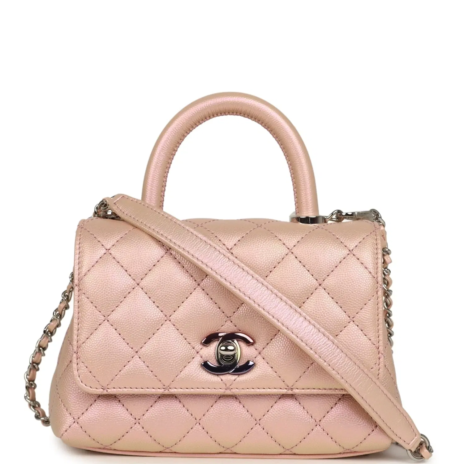 Chanel Micro Coco Handle Flap Bag Iridescent Pink Shiny Caviar Mixed Metal Hardware