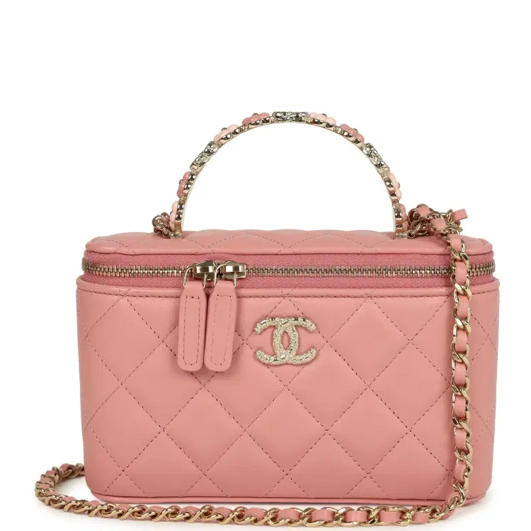 Chanel Flower Top Handle Long Vanity Case with Chain Pink Lambskin Light Gold Hardware-Hover-Image