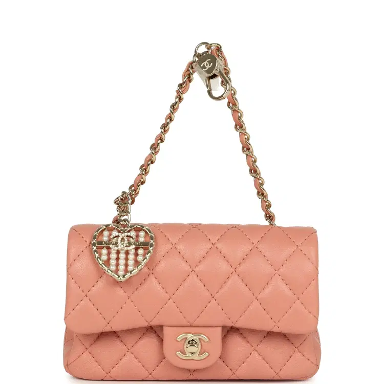 Chanel Nano Classic Double Flap Bag Charm Pink Lambskin Light Gold Hardware-Hover-Image