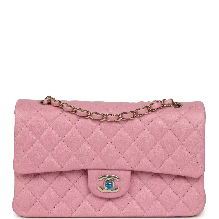 Chanel Medium Classic Double Flap Bag Pink Shiny Caviar Light Gold Hardware-Hover-Image