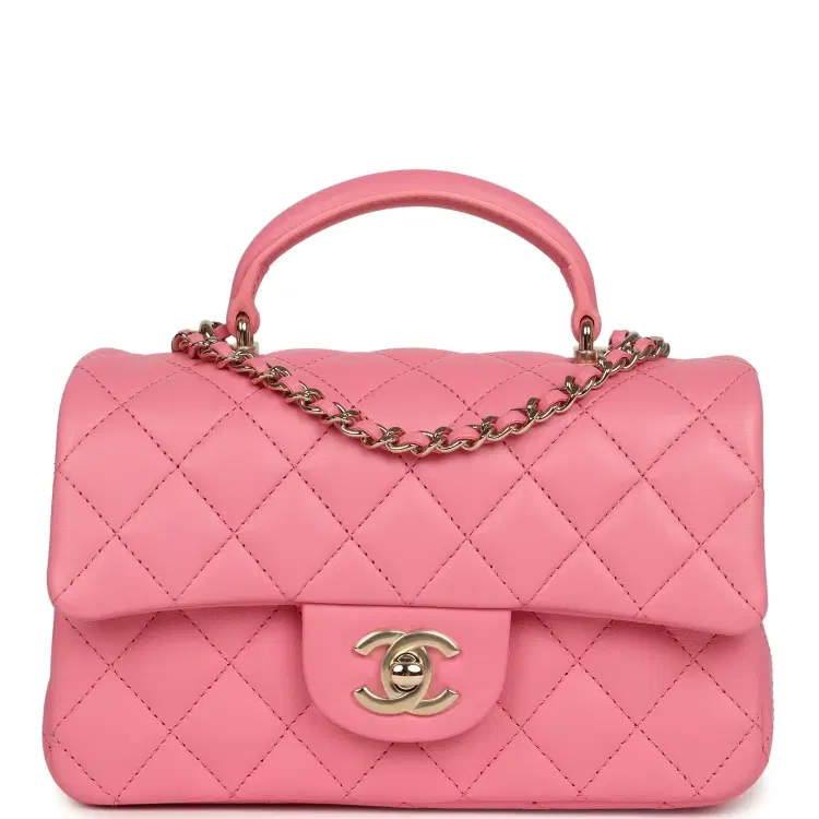 Chanel Mini Rectangular Flap Bag with Top Handle Pink Lambskin Light Gold Hardware-Hover-Image