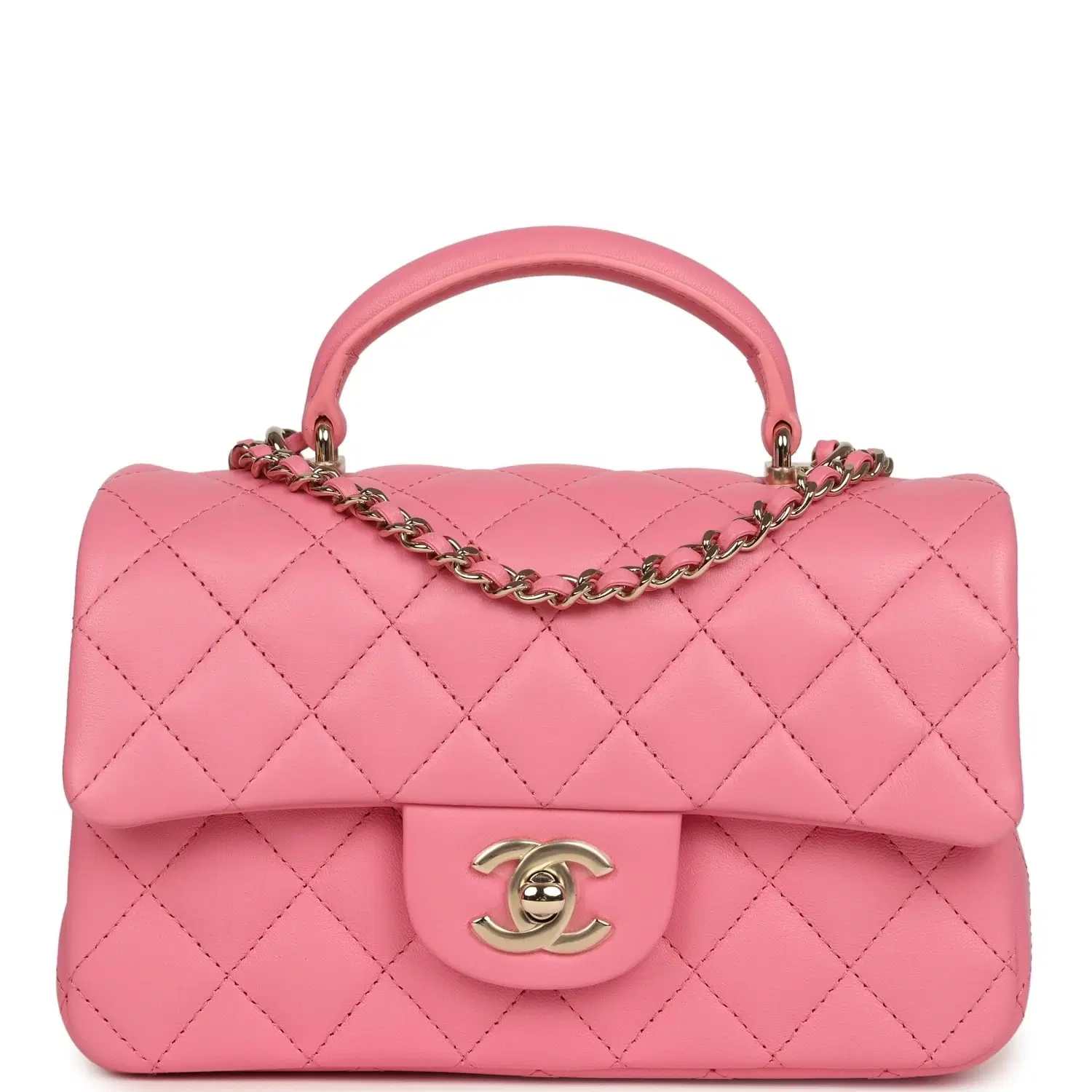 Chanel Mini Rectangular Flap Bag with Top Handle Pink Lambskin Light Gold Hardware