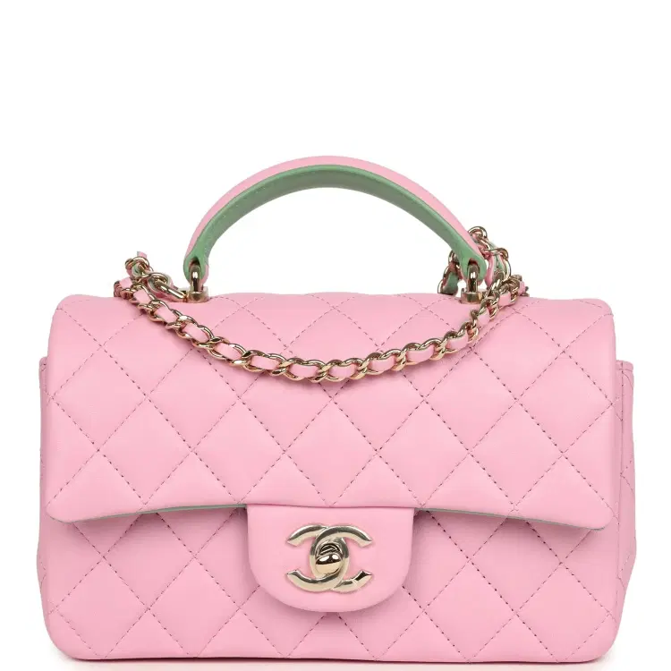 Chanel Mini Rectangular Flap Bag with Top Handle Pink and Green Lambskin Light Gold Hardware-Hover-Image