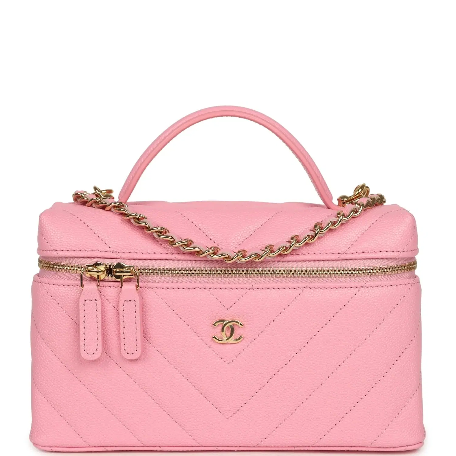 Chanel Sleek Chevron Top Handle Long Vanity Case with Chain Pink Shiny Caviar Gold Hardware