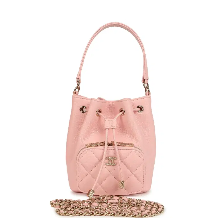 Chanel Mini Top Handle Bucket Bag with Chain Pink Shiny Caviar Light Gold Hardware-Hover-Image