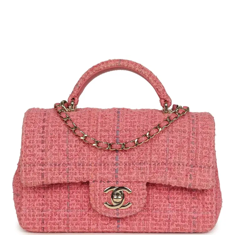 Pre-owned Chanel Mini Classic Rectangular Top Handle Flap Bag Pink Tweed Light Gold Hardware-Hover-Image