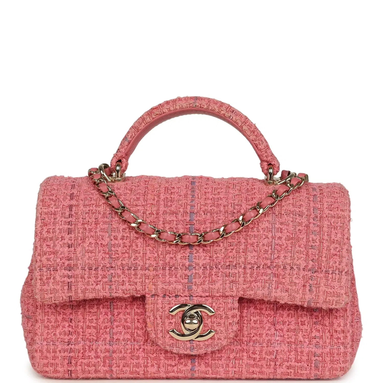 Pre-owned Chanel Mini Classic Rectangular Top Handle Flap Bag Pink Tweed Light Gold Hardware