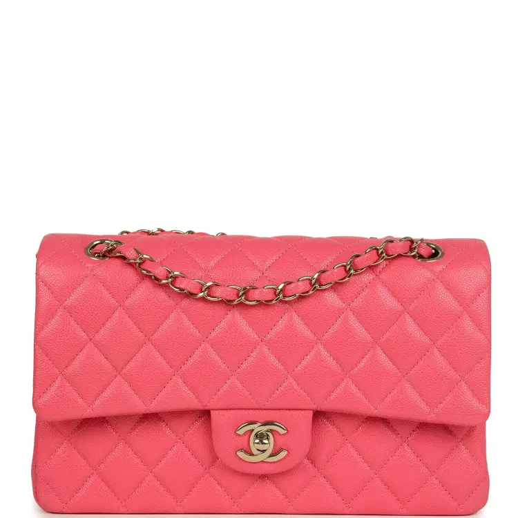 Pre-owned Chanel Medium Classic Double Flap Bag Dark Pink Shiny Caviar Gold Hardware-Hover-Image