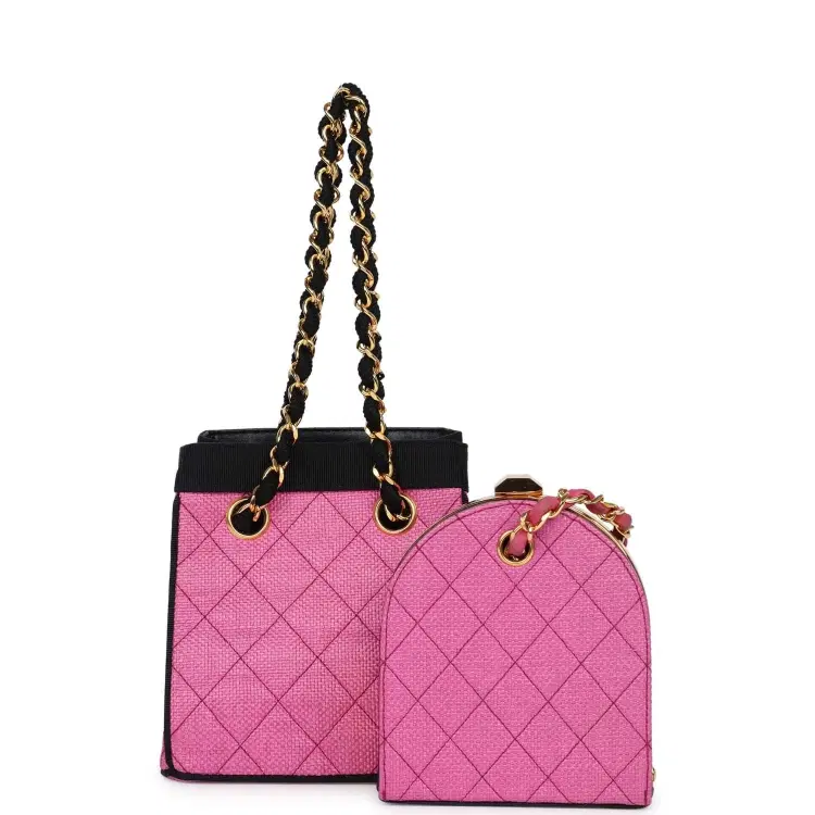 Vintage Chanel Set of Two Mini Bucket Bag & Oval Handbag Pink and Black Raffia Gold Hardware-Hover-Image