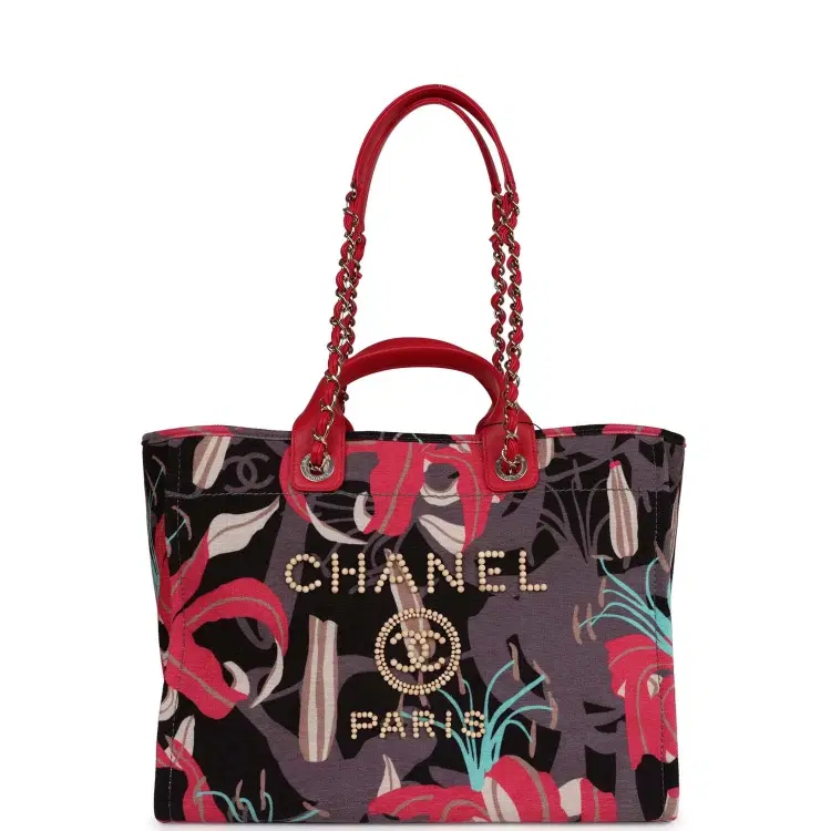 Chanel Medium Deauville Shopping Tote Grey and Pink Tropical Floral Velvet Light Gold Hardware-Hover-Image