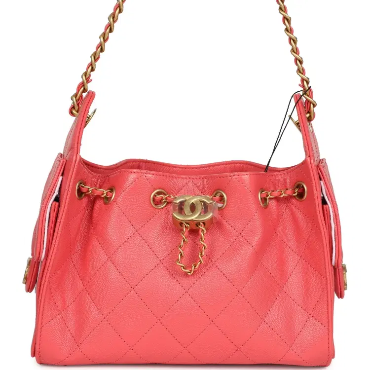 Chanel Mini 25 Hobo Bag Coral Pink Caviar Antique Gold Hardware-Hover-Image