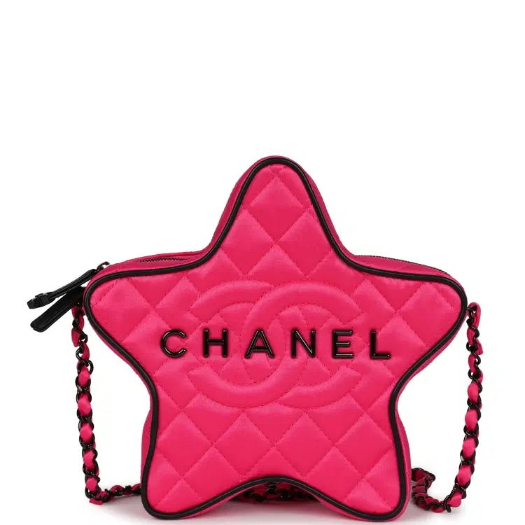 Chanel CC Star Bag Fuchsia and Black Satin Black Metal Hardware-Hover-Image