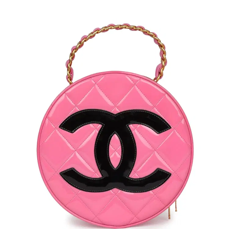 Vintage Chanel Round Vanity Bag Pink and Black Patent Leather Antique Gold Hardware-Hover-Image