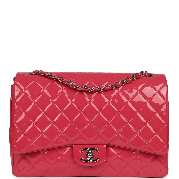 Pre-owned Chanel Maxi Classic Double Flap Bag Dark Pink Patent Silver Hardware-Hover-Image