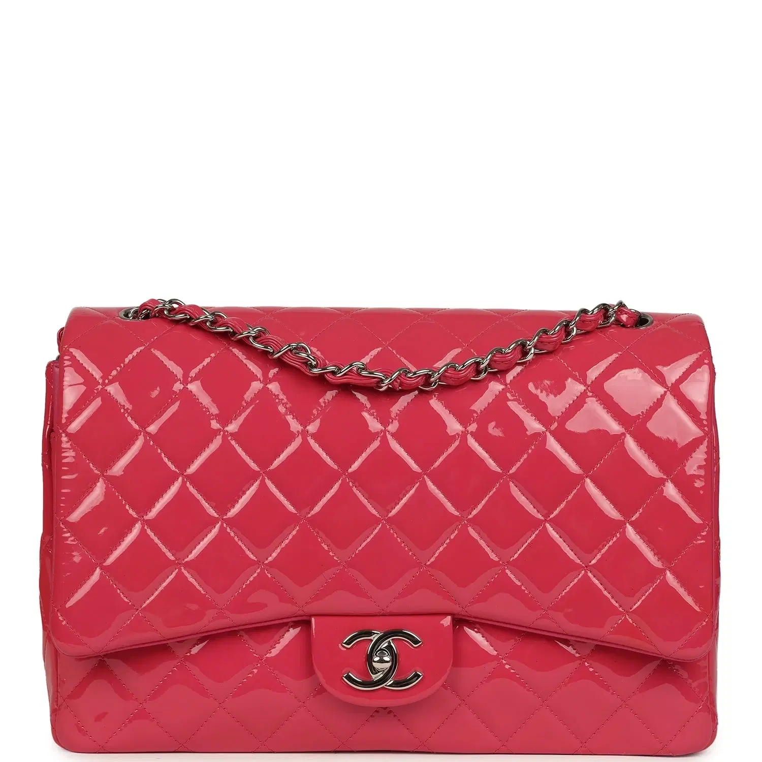 Pre-owned Chanel Maxi Classic Double Flap Bag Dark Pink Patent Silver Hardware