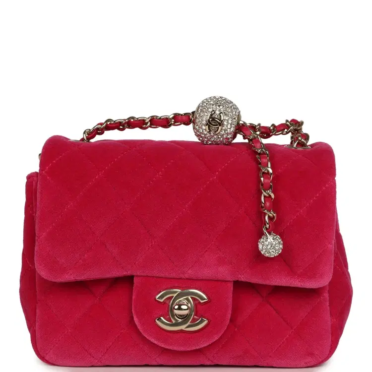 Chanel Mini Pearl Crush Square Flap Bag Fuchsia Velvet Light Gold Hardware-Hover-Image