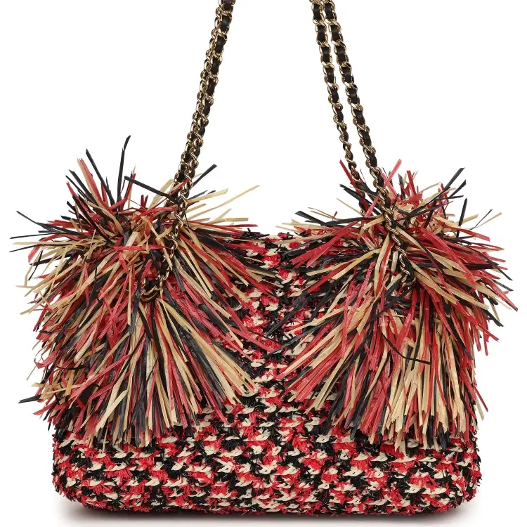Chanel Small CC Shopping Bag Red, Beige, Black Braided Raffia Gold Hardware-Hover-Image