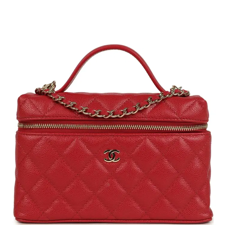 Chanel Top Handle Long Vanity Case with Chain Red Shiny Caviar Light Gold Hardware-Hover-Image