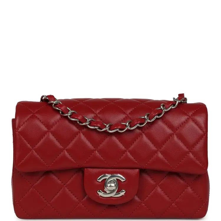 Chanel Mini Classic Rectangular Flap Bag Red Lambskin Silver Hardware-Hover-Image