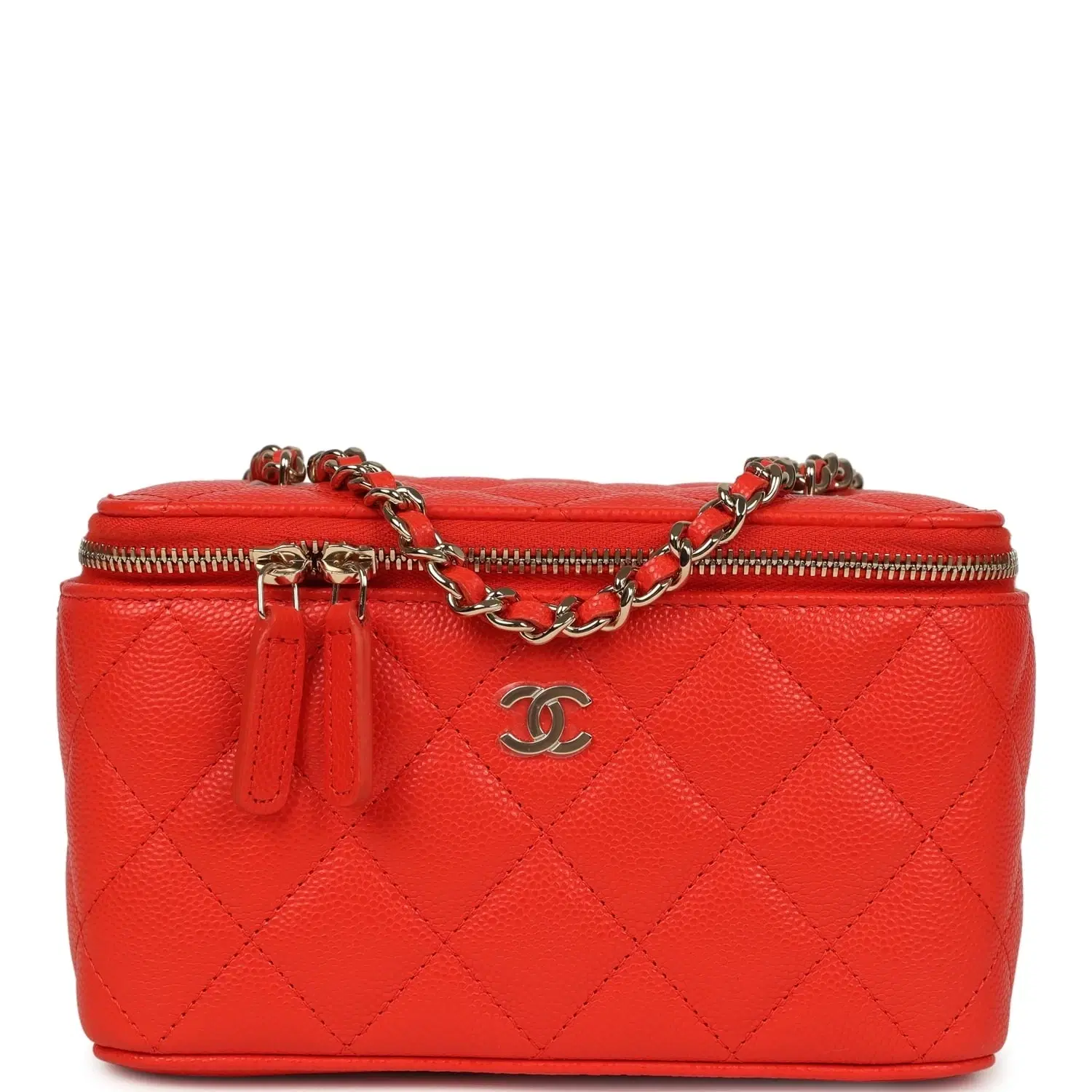 Chanel Small Classic Vanity Case Red Shiny Caviar Light Gold Hardware