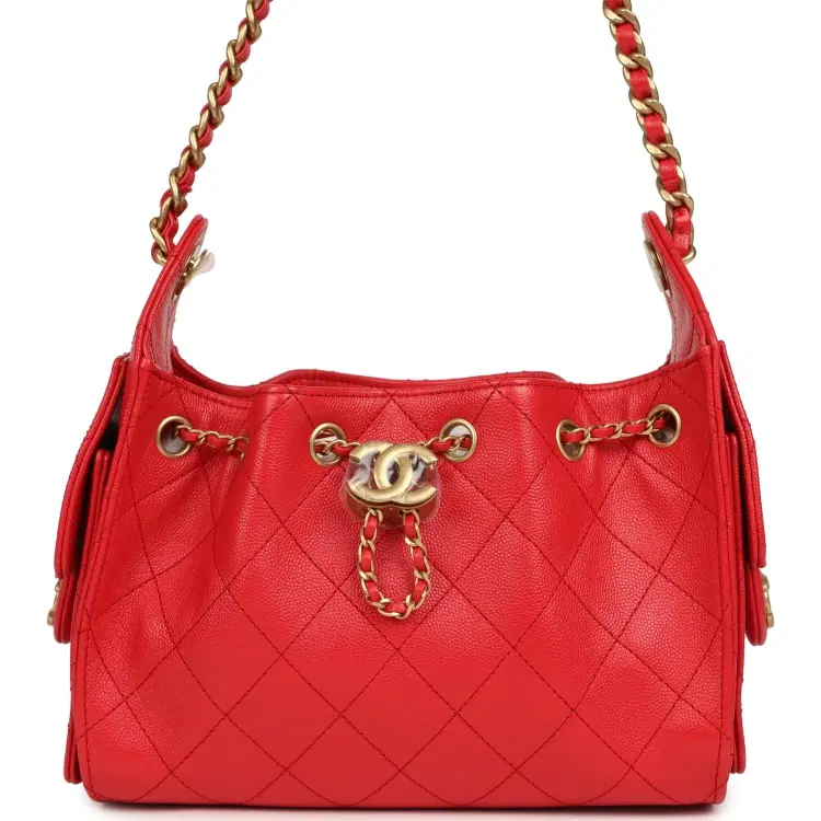 Chanel Mini 25 Hobo Bag Dark Red Caviar Antique Gold Hardware-Hover-Image