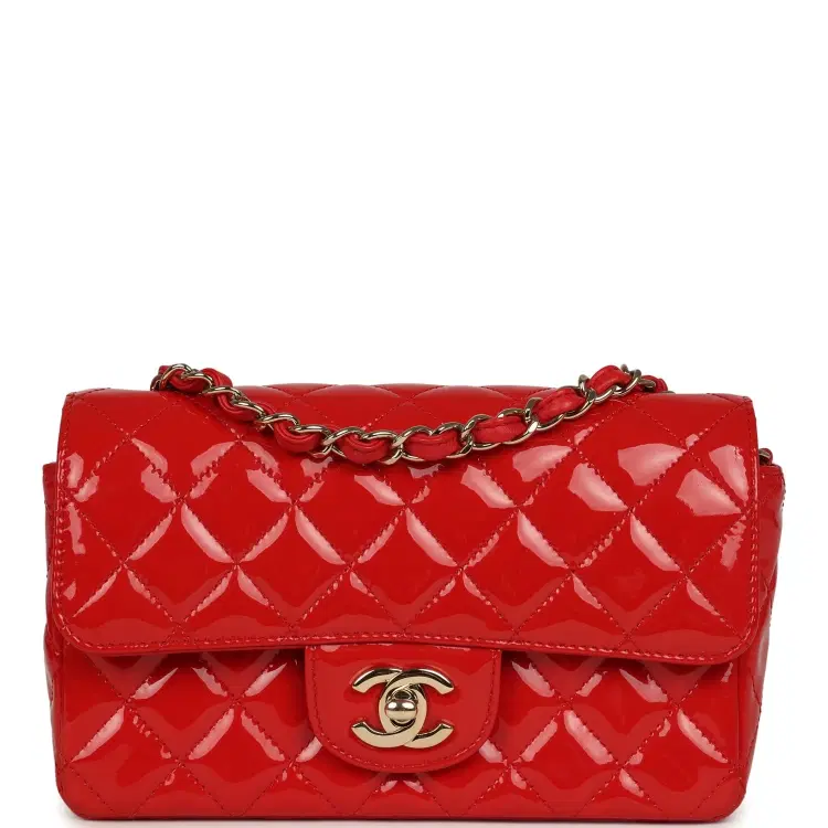 Pre-owned Chanel Mini Classic Rectangular Flap Bag Red Patent Light Gold Hardware-Hover-Image