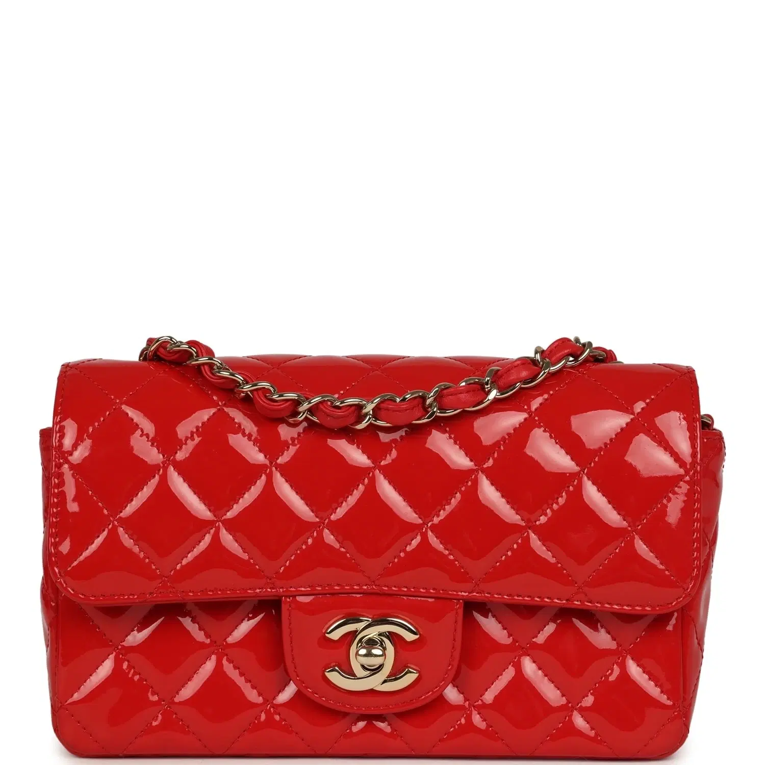 Pre-owned Chanel Mini Classic Rectangular Flap Bag Red Patent Light Gold Hardware