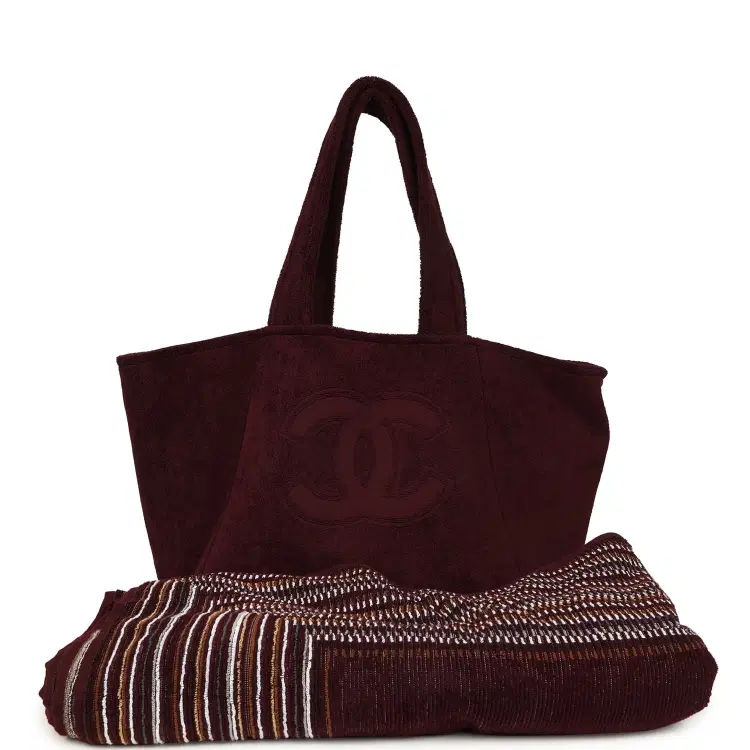 Chanel Coco Beach CC Beach Tote Bag & Towel Set Burgundy Terry Silver Hardware-Hover-Image