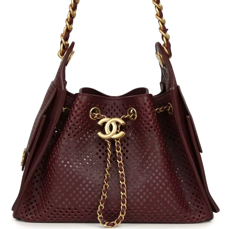 Chanel Mini 25 Hobo Bag Dark Burgundy Perforated Calfskin Antique Gold Hardware-Hover-Image