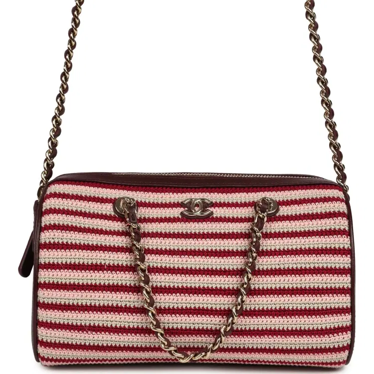 Chanel Mini Timeless Classic Barrel Bag with Chain Burgundy Multi Crochet and Burgundy Lambskin Light Gold Hardware-Hover-Image