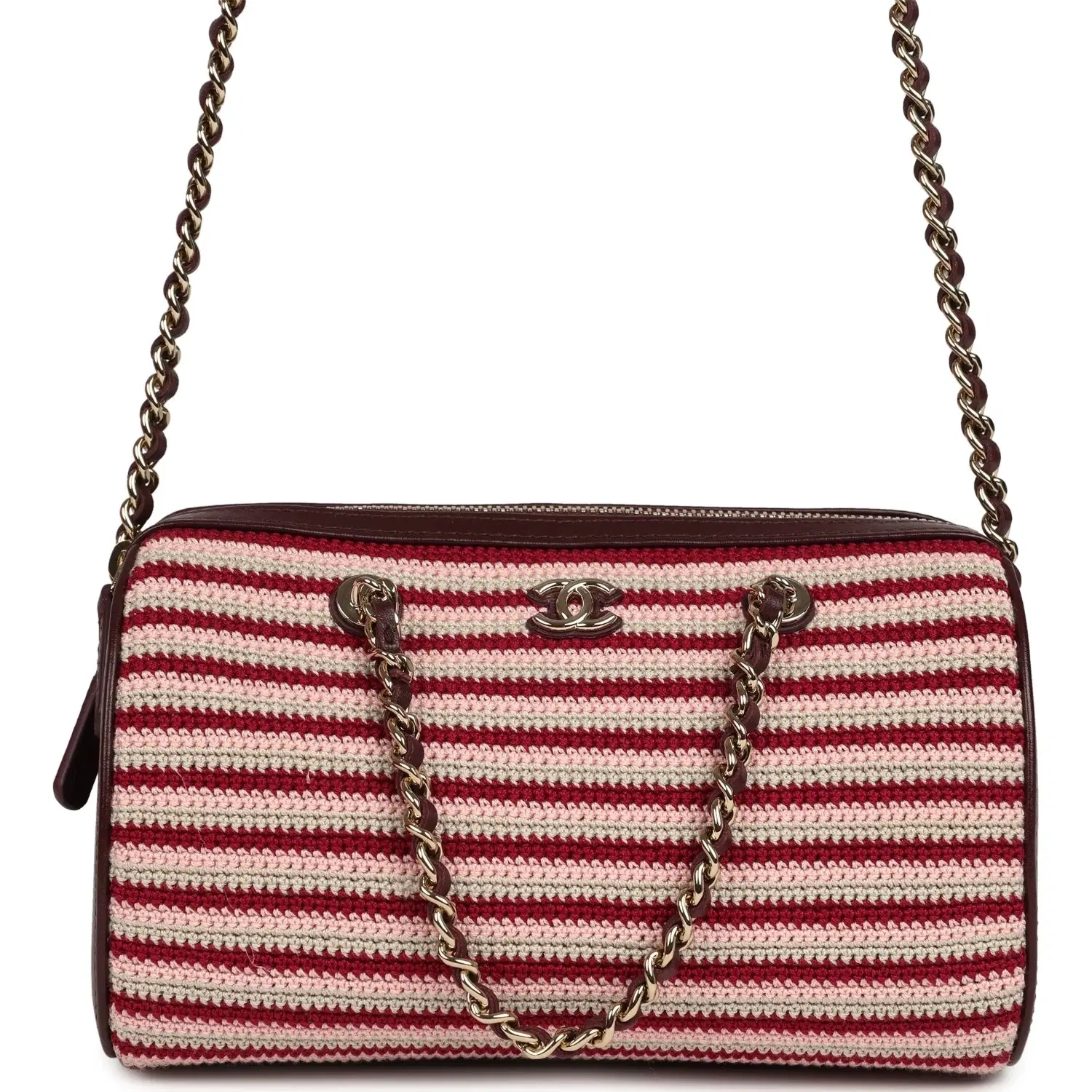 Chanel Mini Timeless Classic Barrel Bag with Chain Burgundy Multi Crochet and Burgundy Lambskin Light Gold Hardware