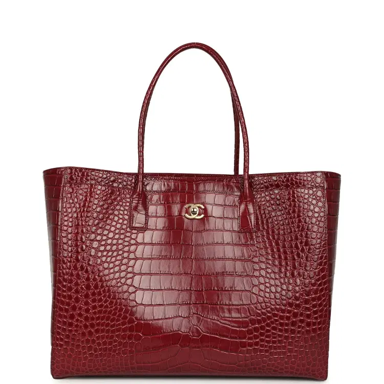 Chanel Large Cerf Shopping Bag Burgundy Crocodile Embossed Calfskin Gold Hardware-Hover-Image