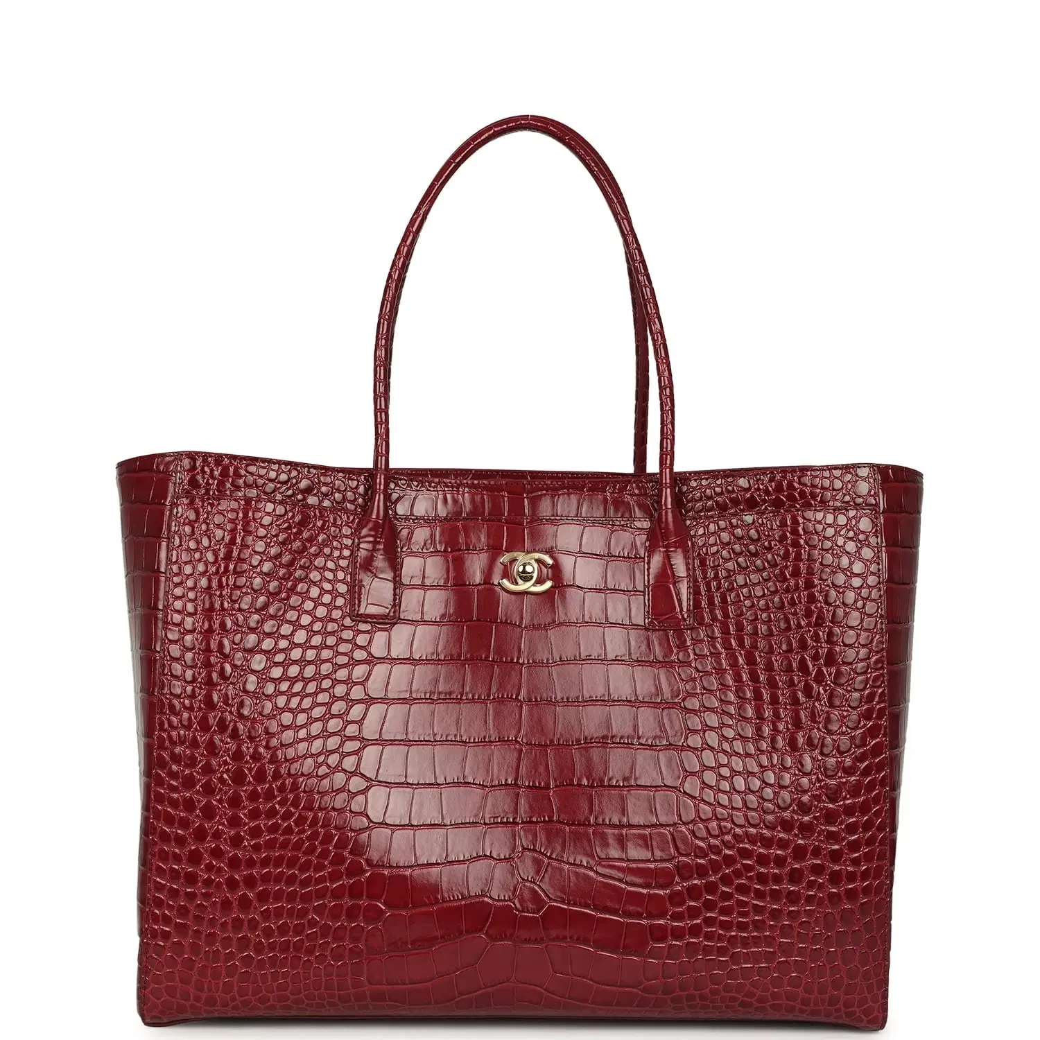 Chanel Large Cerf Shopping Bag Burgundy Crocodile Embossed Calfskin Gold Hardware