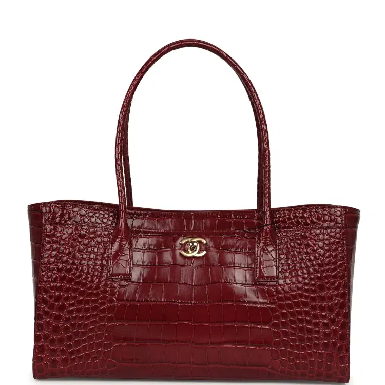 Chanel Small Cerf Shopping Bag Burgundy Croc Embossed Calfskin Gold Hardware-Hover-Image