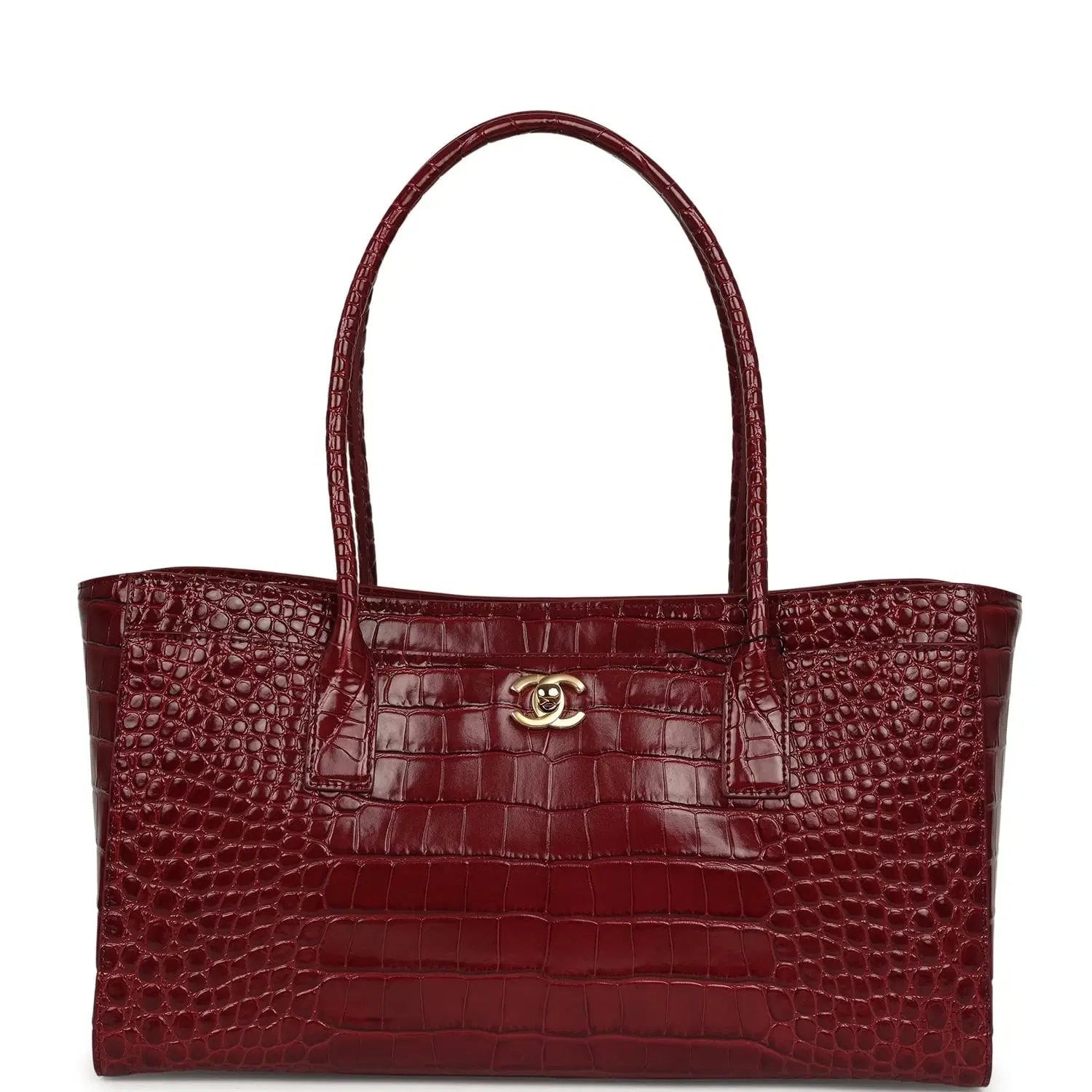 Chanel Small Cerf Shopping Bag Burgundy Croc Embossed Calfskin Gold Hardware