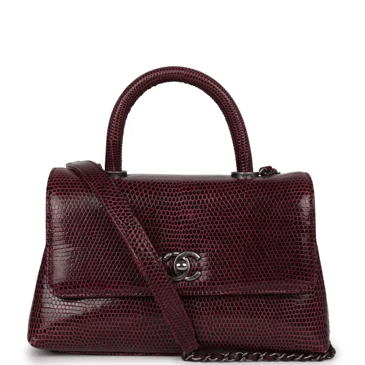 Pre-owned Chanel Mini Coco Handle Flap Bag Burgundy Lizard Ruthenium Hardware-Hover-Image